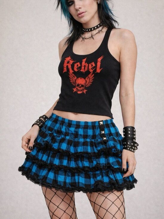 Sweet Love Dresses & Skirts - Blue Black Checkered Tiered Ruffle Mini Skirt Lace Trim Punk Goth Scene